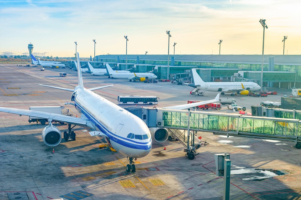 Jet bridge airplanes airport Barcelona